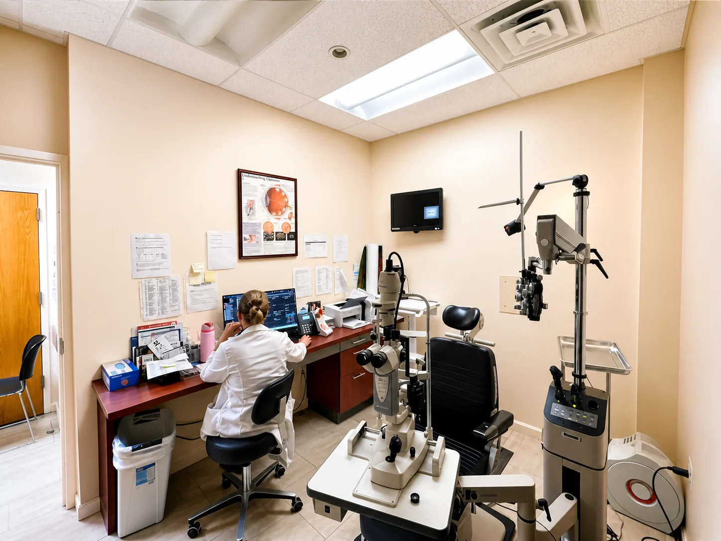 Exam room with a staff member at the workstation at Be Well Primary Health Care Center